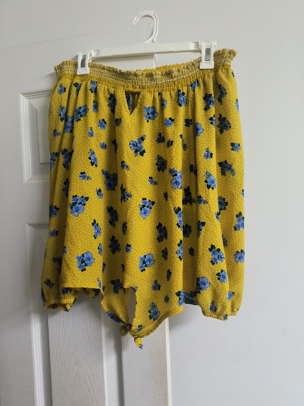 Yellow Blue Floral Off-the-Shoulder Tie Front Blouse